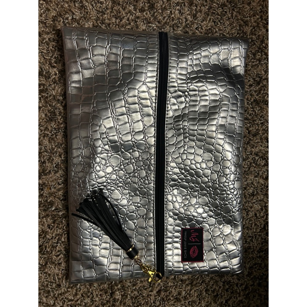 Makeup Junkie Bags Silver Metallic Croc Embossed Large Cosmetic Bag Tassel